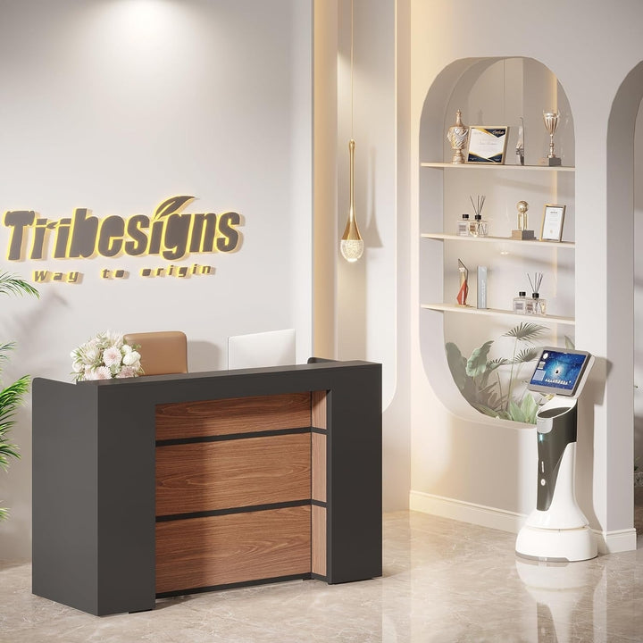 Tribesigns 63 Inch Modern Reception Desk with LED Lights Black Brown Large Counter Image 3