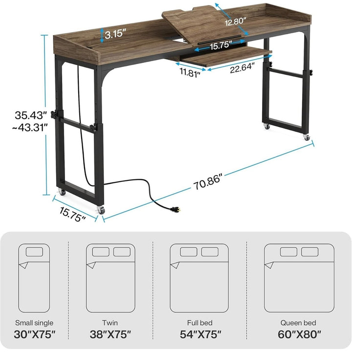 Tribesigns Height Adjustable Overbed Table with Wheels USB Ports Mobile Desk Image 6