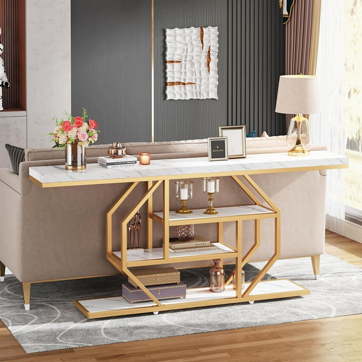 Tribesigns 70.9 Inch Gold Console Table Modern Sofa Table with Storage Shelves Image 1