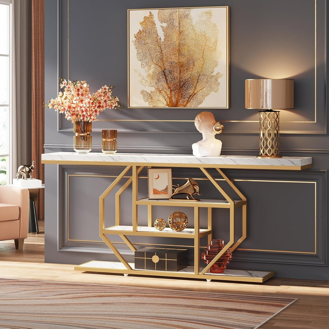 Tribesigns 70.9 Inch Gold Console Table Modern Sofa Table with Storage Shelves Image 3