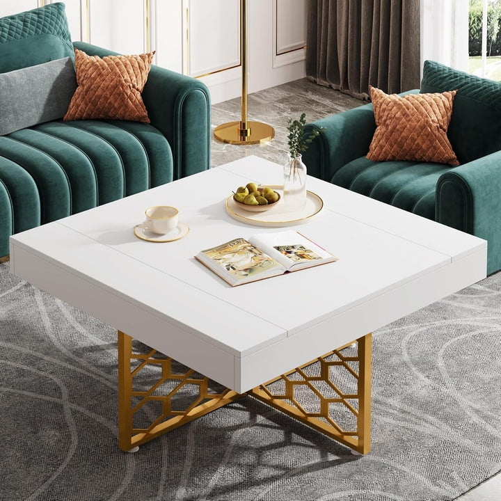 Tribesigns White Gold Coffee Table Modern Square Living Room Tea Table Gold Base Image 2