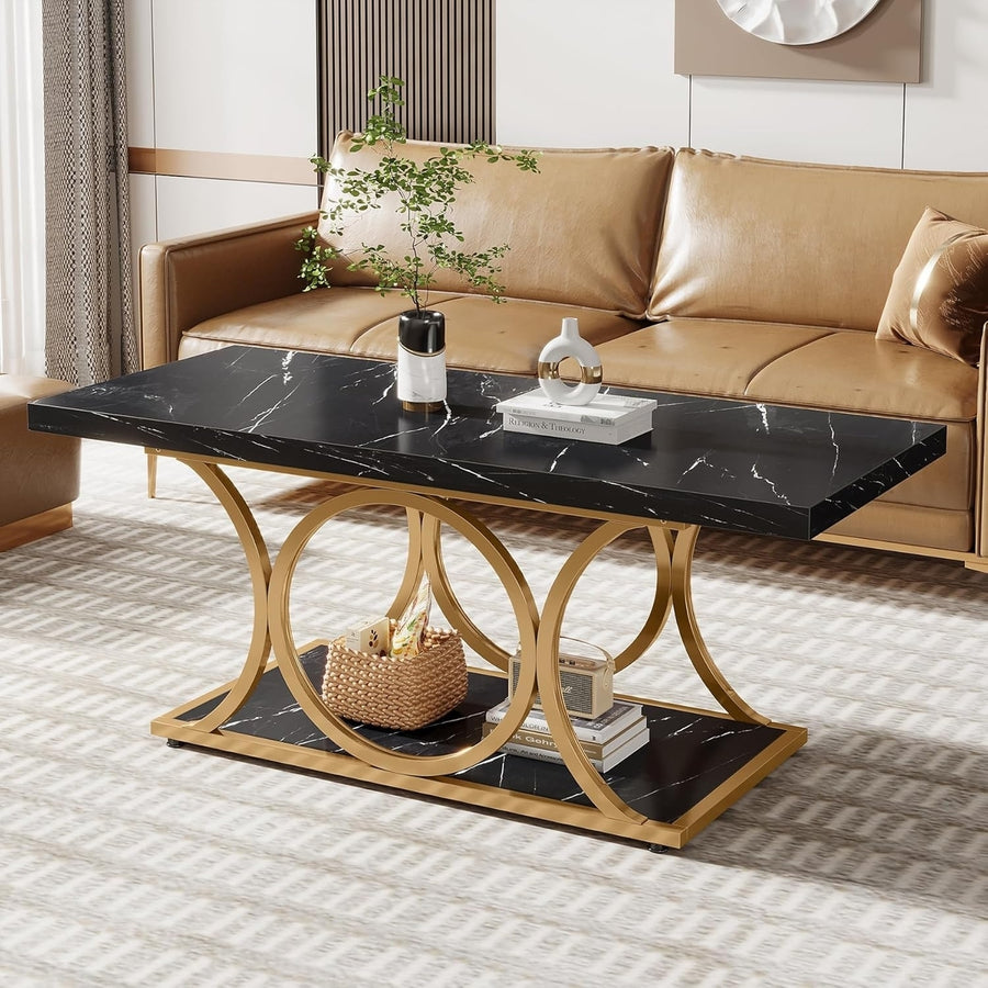 Tribesigns 47.24" Modern Coffee Table Faux Marble 2-Tier with Metal Legs Image 1