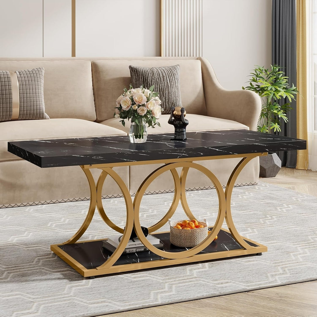 Tribesigns 47.24" Modern Coffee Table Faux Marble 2-Tier with Metal Legs Image 2