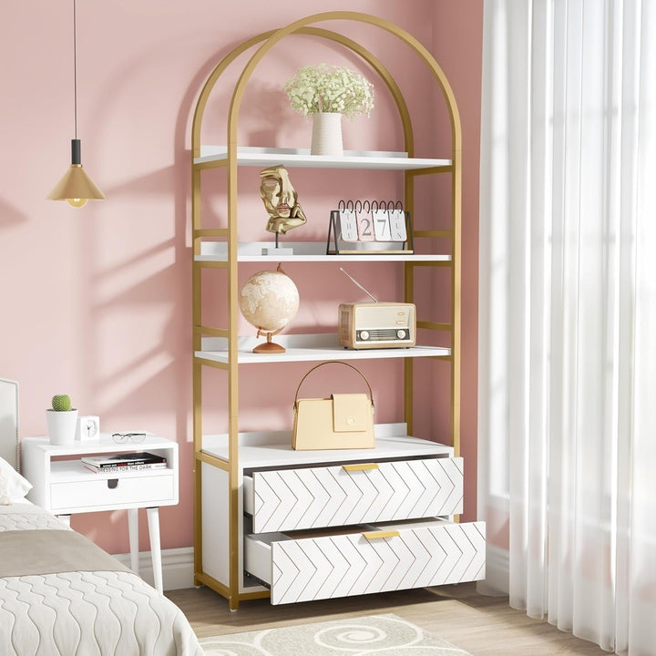 Tribesigns 4-Tier Bookshelf White and Gold with 2 Drawers Free Standing Storage Image 2