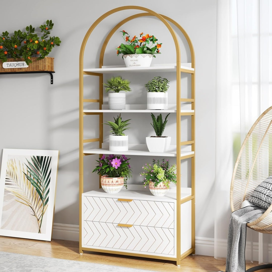 Tribesigns 4-Tier Bookshelf White and Gold with 2 Drawers Free Standing Storage Image 3