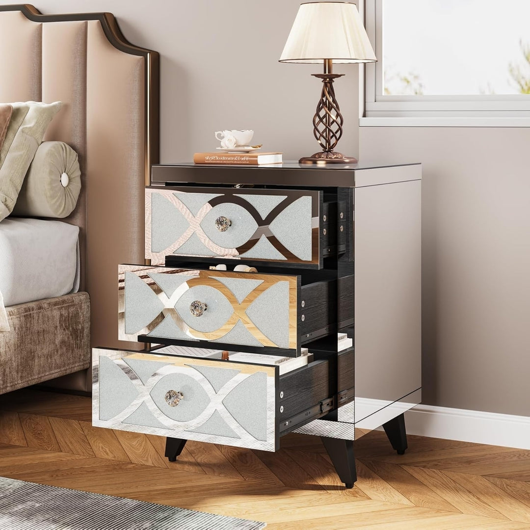 Tribesigns Mirrored Nightstand 3 Drawers Silver Wooden Modern Bedside Table Image 1