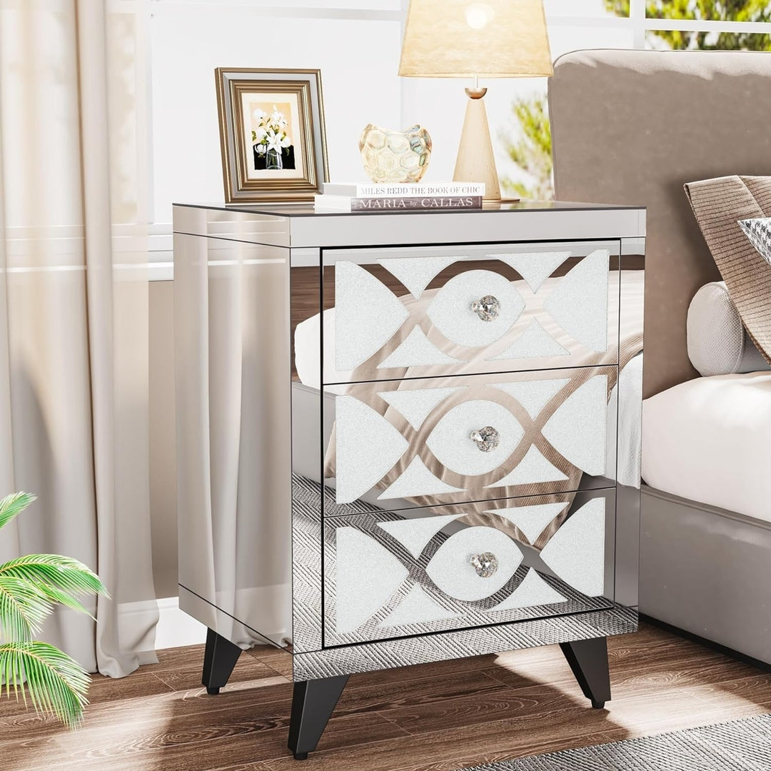 Tribesigns Mirrored Nightstand 3 Drawers Silver Wooden Modern Bedside Table Image 2