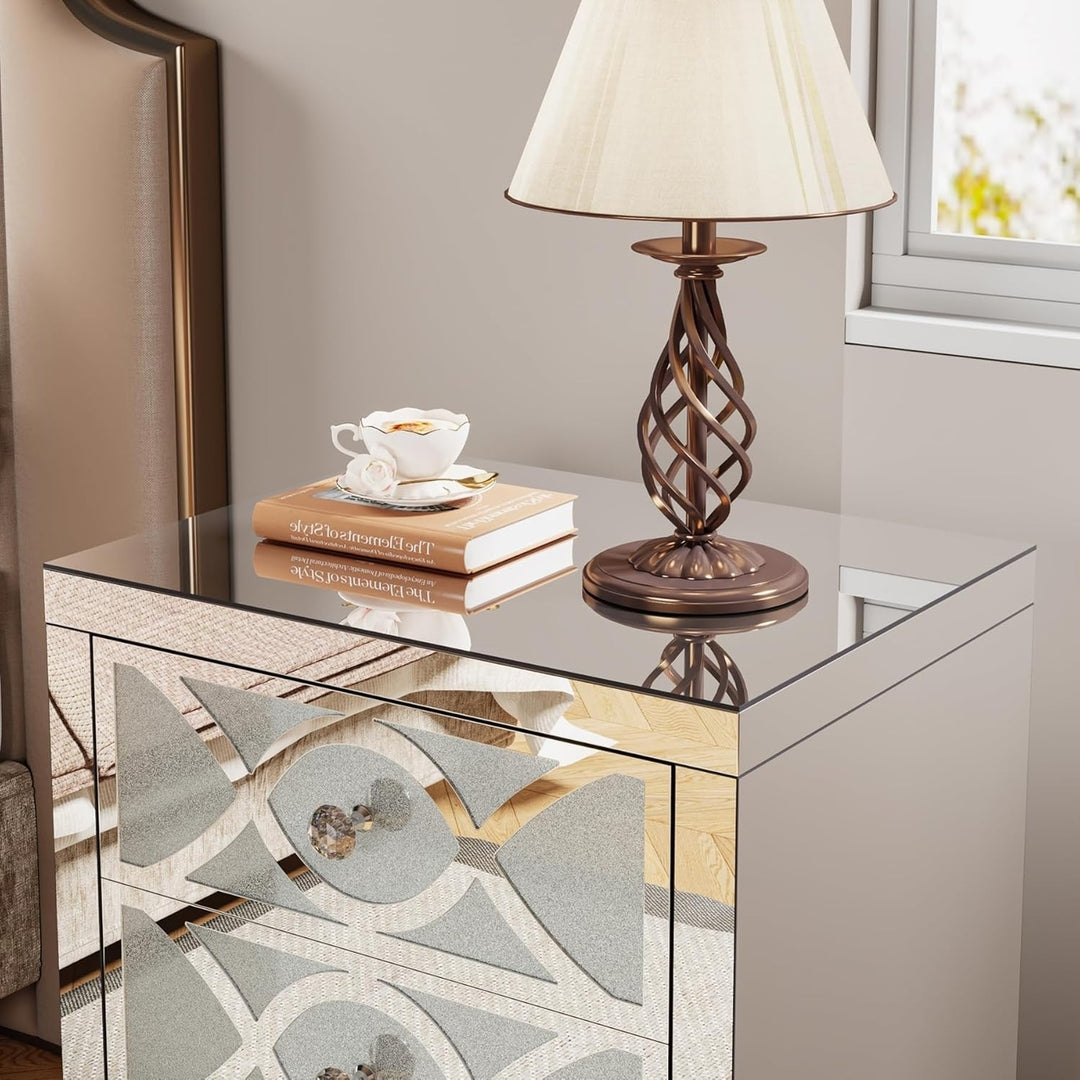 Tribesigns Mirrored Nightstand 3 Drawers Silver Wooden Modern Bedside Table Image 5