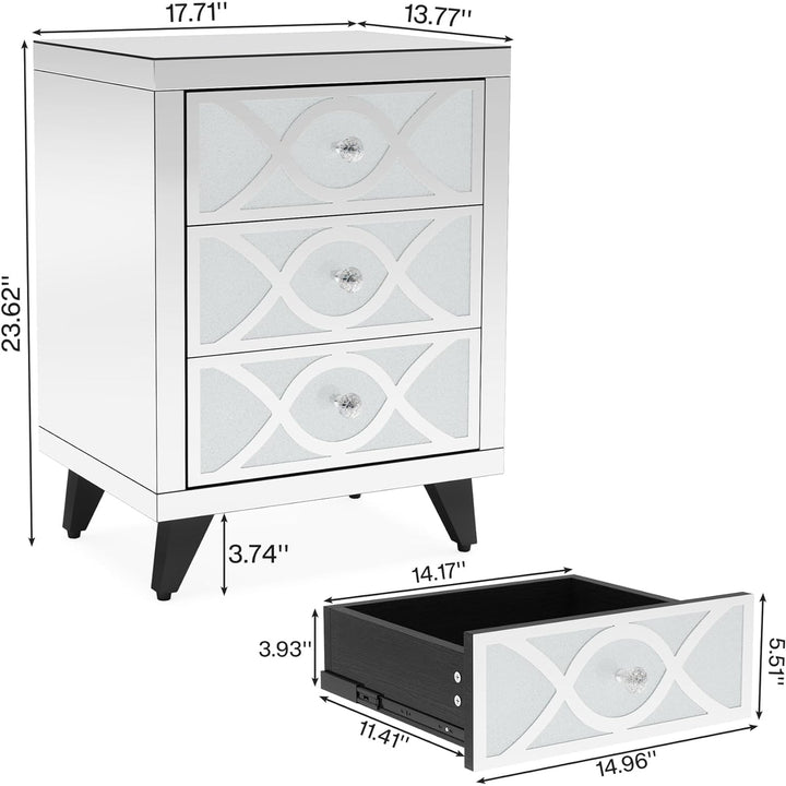 Tribesigns Mirrored Nightstand 3 Drawers Silver Wooden Modern Bedside Table Image 6