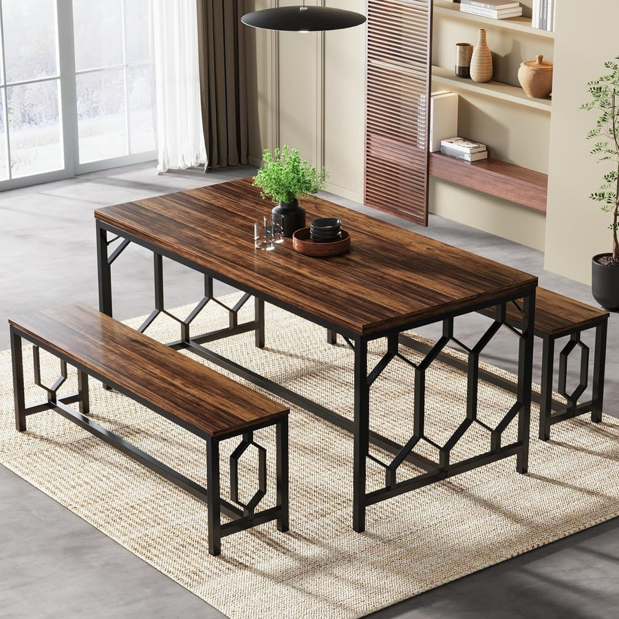 Tribesigns 55 Inch Dining Table Set for 4 to 6 with 2 Benches Industrial Style Image 1