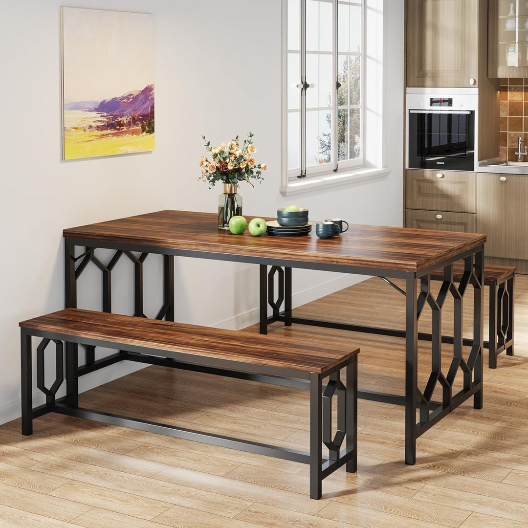 Tribesigns 55 Inch Dining Table Set for 4 to 6 with 2 Benches Industrial Style Image 2