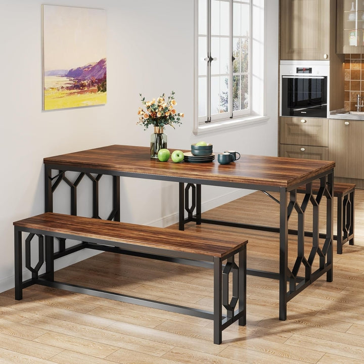 Tribesigns 55 Inch Dining Table Set for 4 to 6 with 2 Benches Industrial Style Image 2