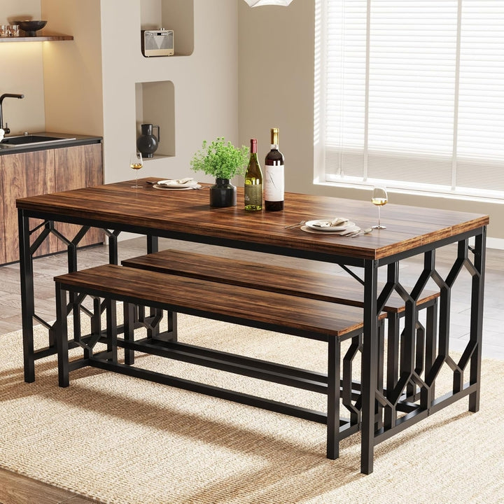 Tribesigns 55 Inch Dining Table Set for 4 to 6 with 2 Benches Industrial Style Image 3