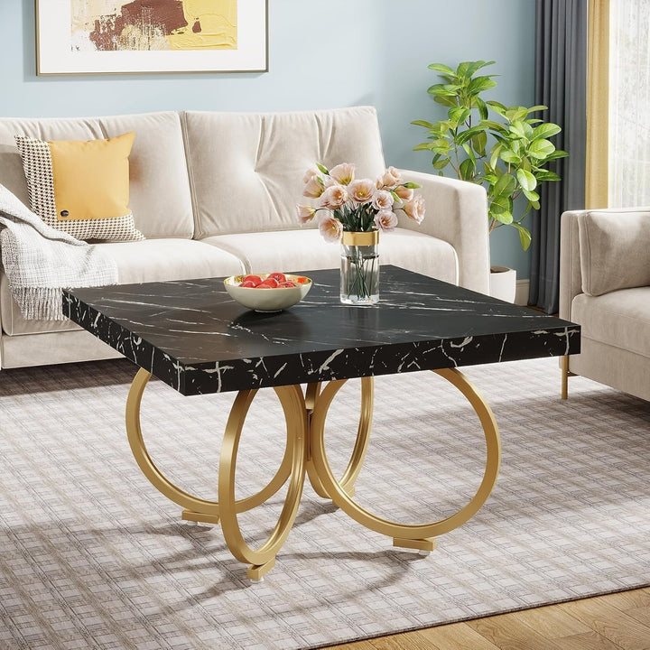 Tribesigns 31.5 Inch Modern Coffee Table Faux Marble Gold Geometric Frame Image 2