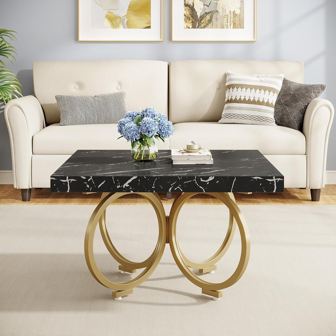 Tribesigns 31.5 Inch Modern Coffee Table Faux Marble Gold Geometric Frame Image 3