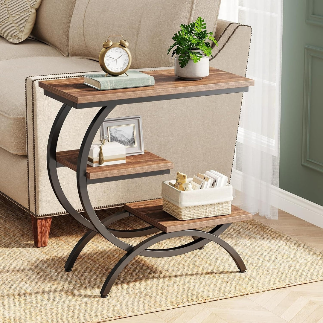 Tribesigns Industrial 3-Tier C-Shaped Side Table Matte Black Rustic Brown 25.6" Image 2