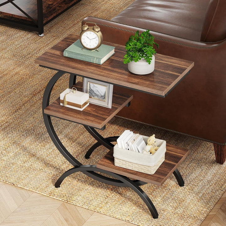 Tribesigns Industrial 3-Tier C-Shaped Side Table Matte Black Rustic Brown 25.6" Image 3