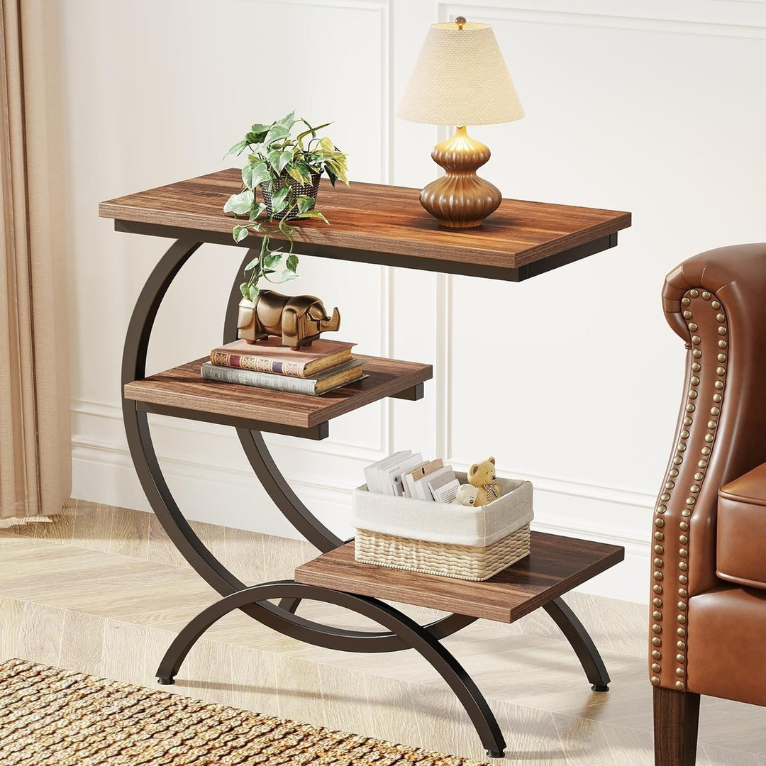 Tribesigns Industrial 3-Tier C-Shaped Side Table Matte Black Rustic Brown 25.6" Image 4