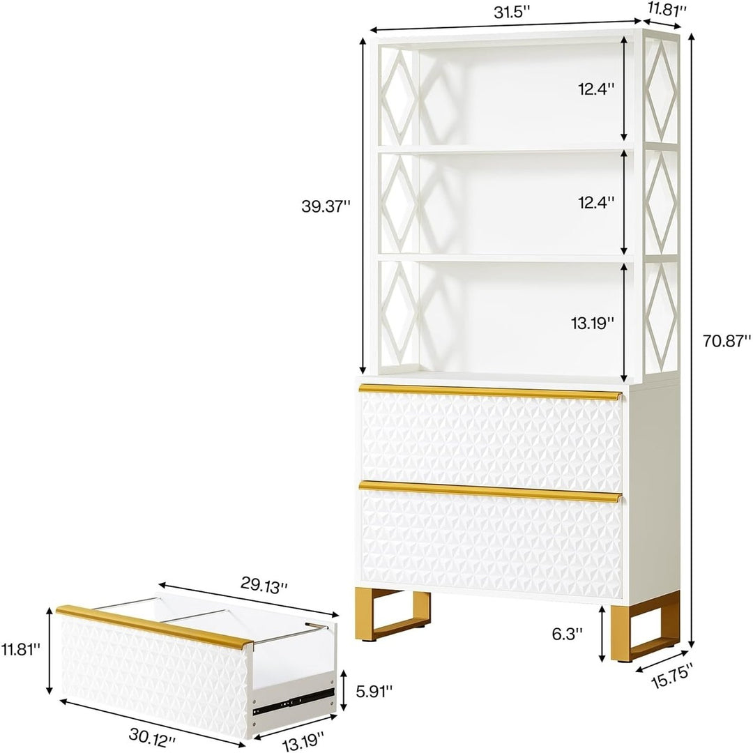 Tribesigns 4-Tier Bookshelf White Gold Metal Open Shelves 2 Drawer 70.9 Inch Image 6