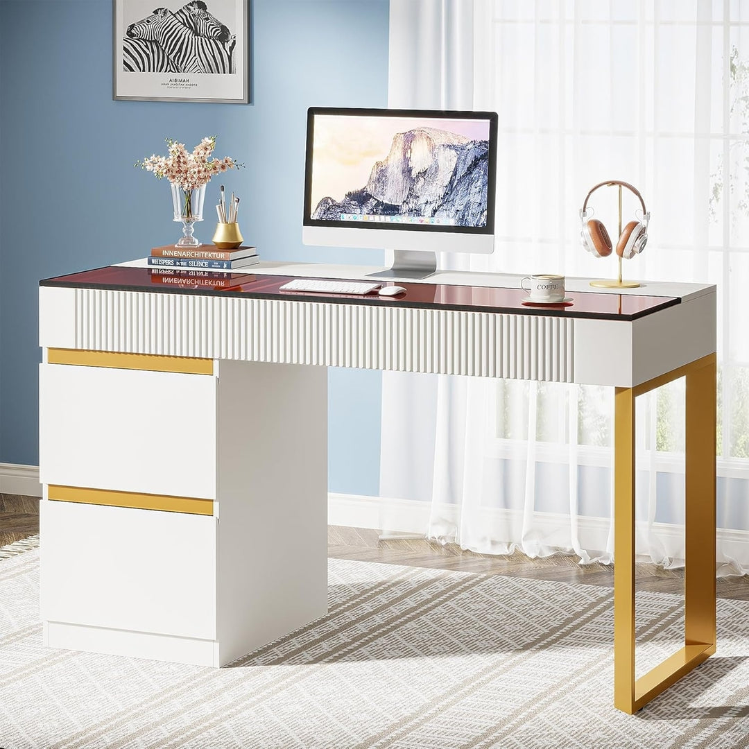 Tribesigns 47 Inch Modern Home Office Desk with Glass Top and 4 Drawers, Writing Workstation Desk for Living Room, Image 1