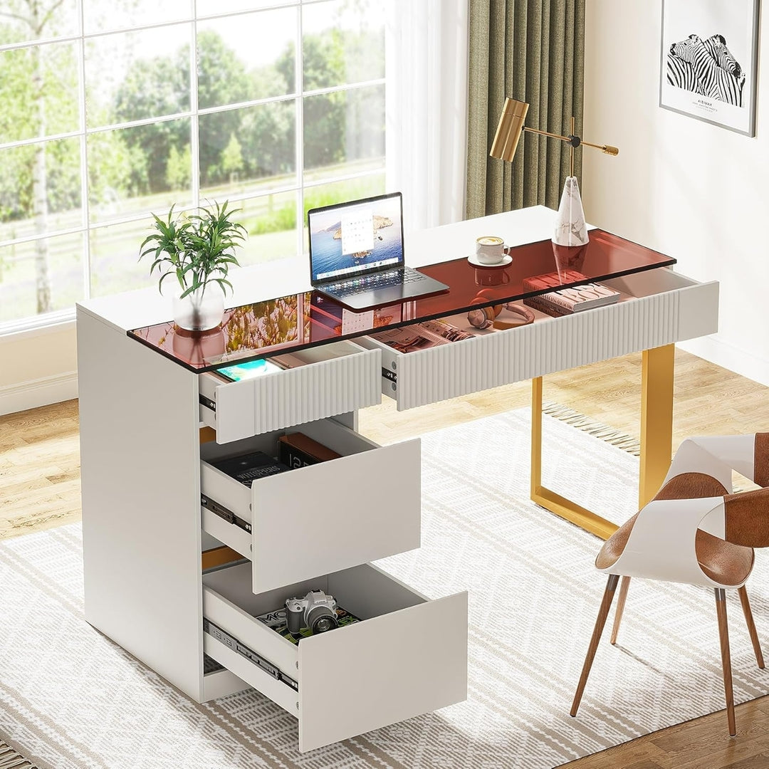 Tribesigns 47 Inch Modern Home Office Desk with Glass Top and 4 Drawers, Writing Workstation Desk for Living Room, Image 2