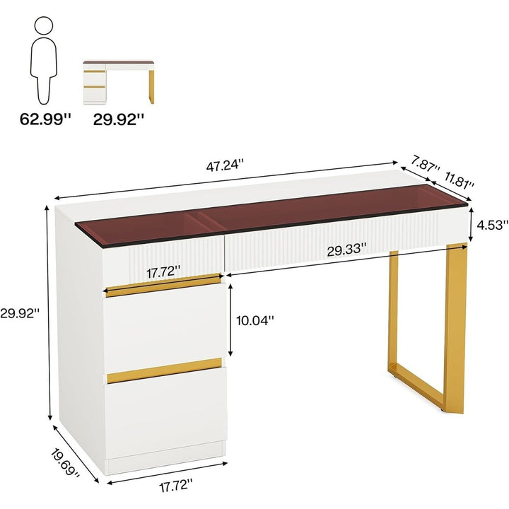 Tribesigns 47 Inch Modern Home Office Desk with Glass Top and 4 Drawers, Writing Workstation Desk for Living Room, Image 6