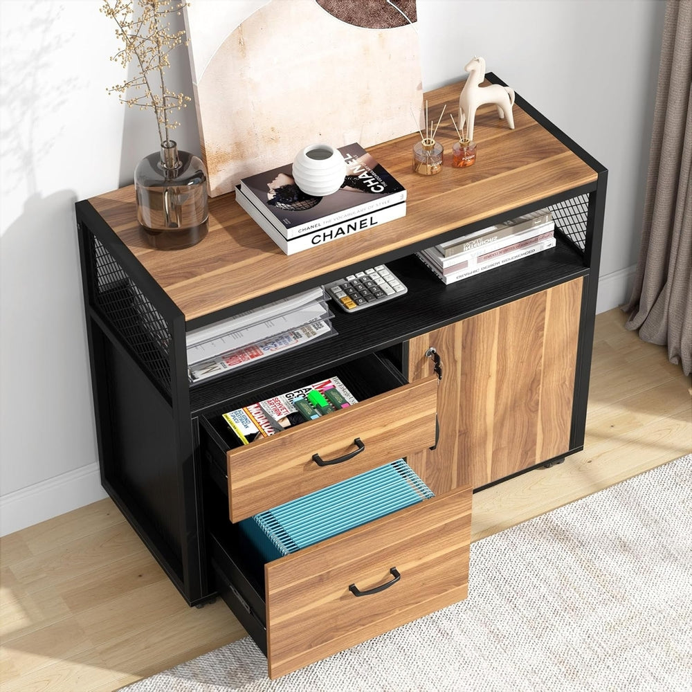 Tribesigns Modern Dark Walnut File Cabinet Lockable with Drawers and Caster Image 2