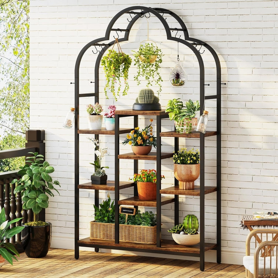 Tribesigns 6-Tier Metal Plant Stand with Hooks 39.4in Rustic Black Shelf Image 1