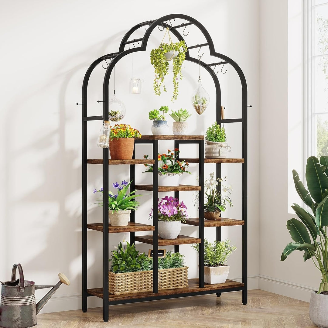 Tribesigns 6-Tier Metal Plant Stand with Hooks 39.4in Rustic Black Shelf Image 2