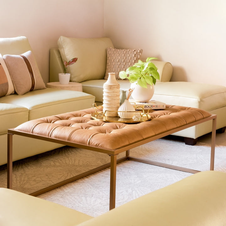 Ezra Tufted Coffee Table in Cream Leather Image 1