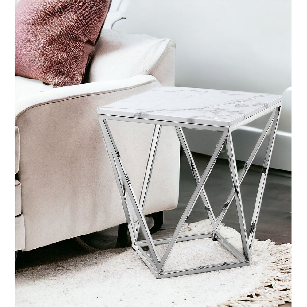 22" Silver Metallic and White Stone End Table Image 2