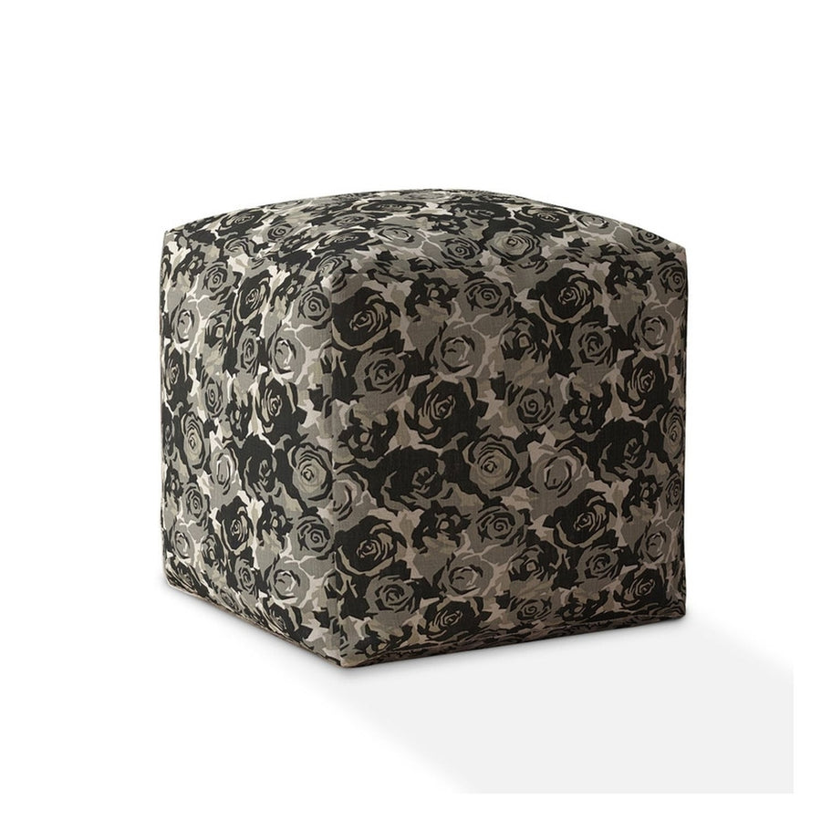 17" Beige Canvas Floral Pouf Cover Image 1