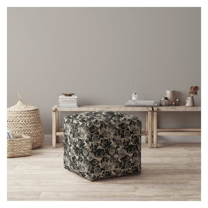 17" Beige Canvas Floral Pouf Cover Image 2