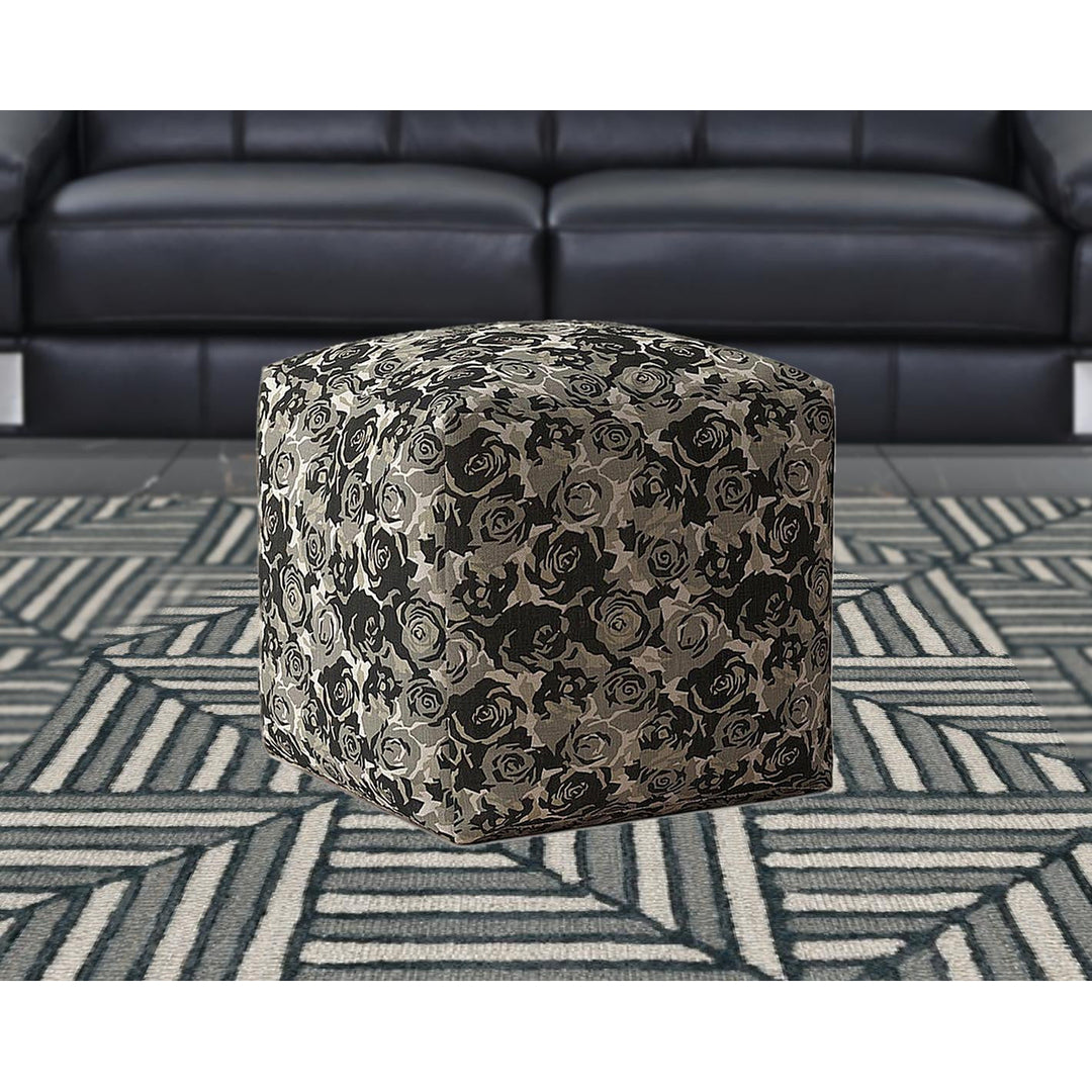 17" Beige Canvas Floral Pouf Cover Image 5