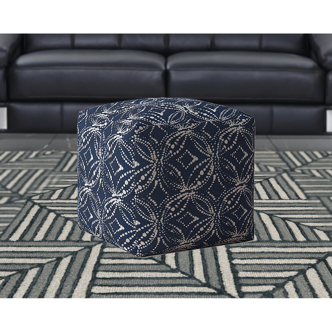 17" Blue And White Canvas Damask Pouf Cover Image 5