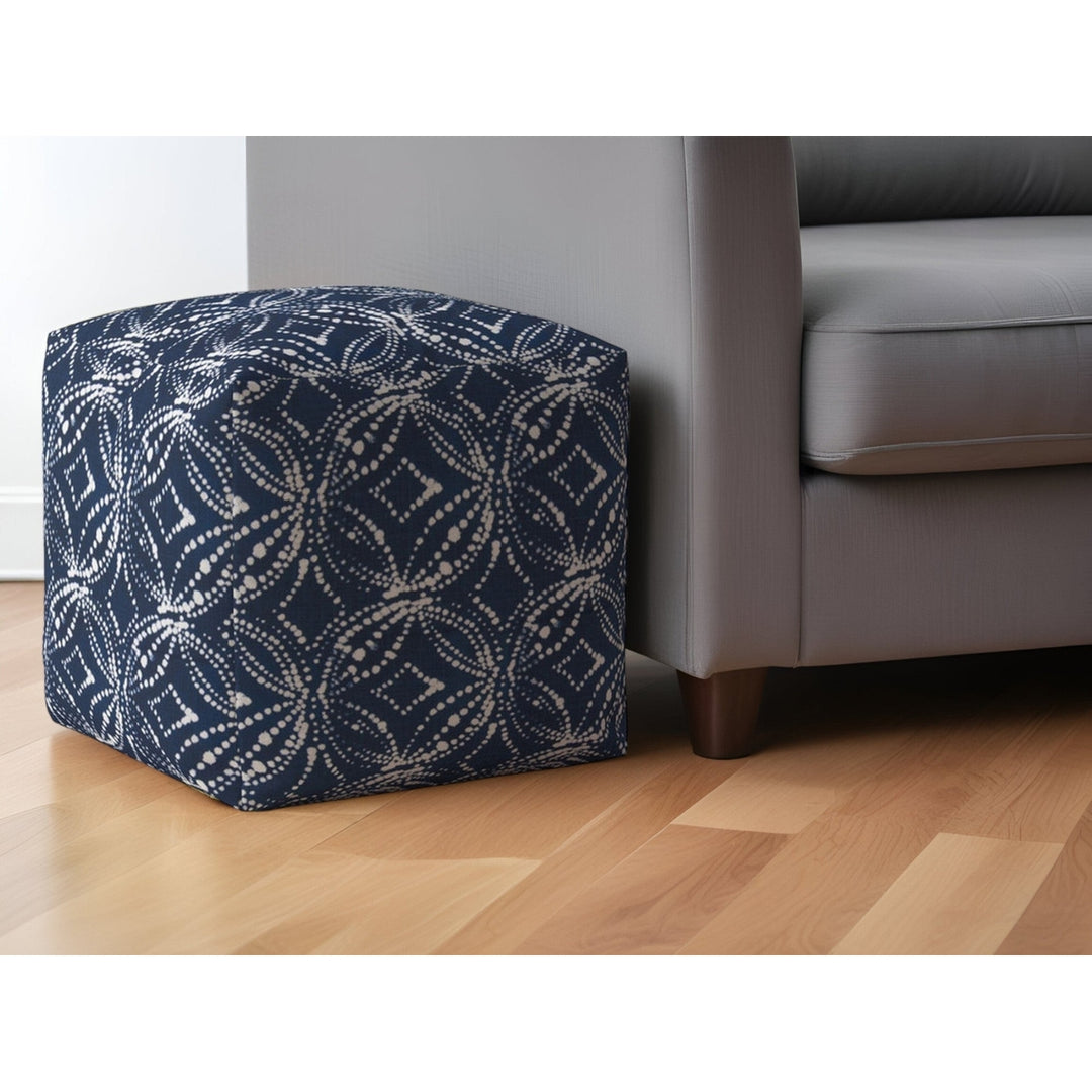 17" Blue and White Canvas Damask Pouf Ottoman Image 5