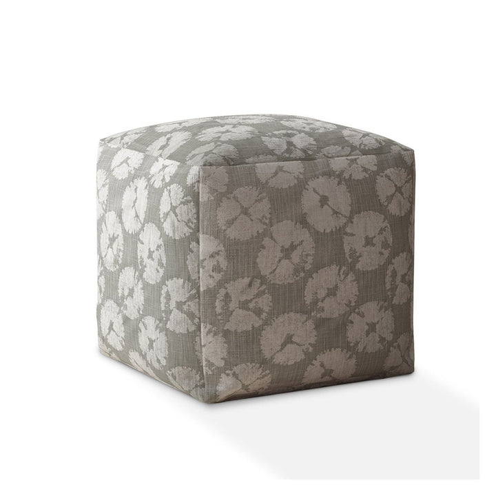 17" Gray Canvas Floral Pouf Ottoman Image 1