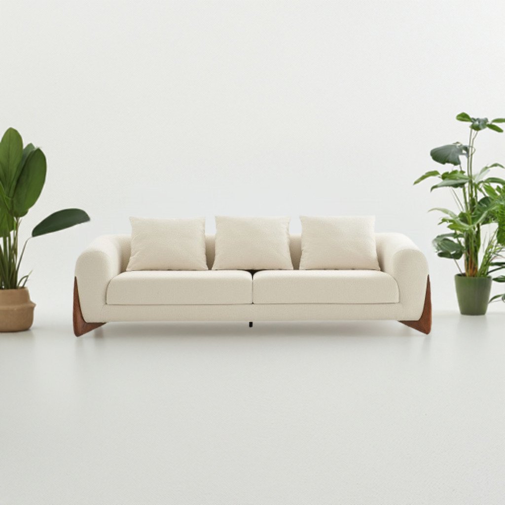 100" Cream Sofa With Wood Brown Legs Image 1