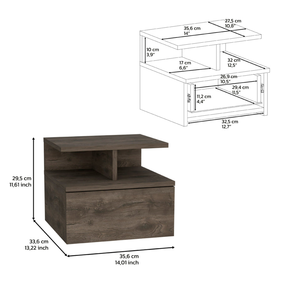 12" Brown One Drawer Faux Wood Floating Nightstand Image 1