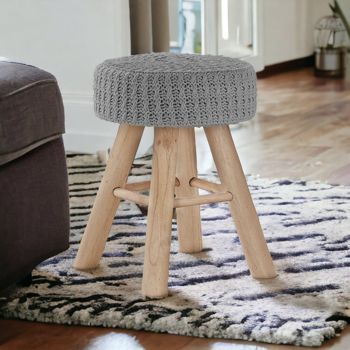 12" Gray Cotton Blend And Natural Round Ottoman Image 6