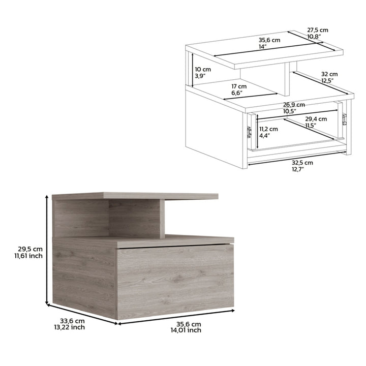 12" Gray One Drawer Faux Wood Floating Nightstand Image 6