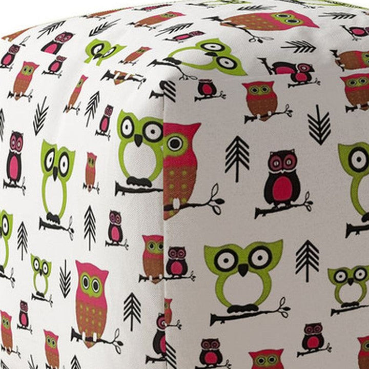 17" Green and White Cotton Owls Pouf Ottoman Image 4