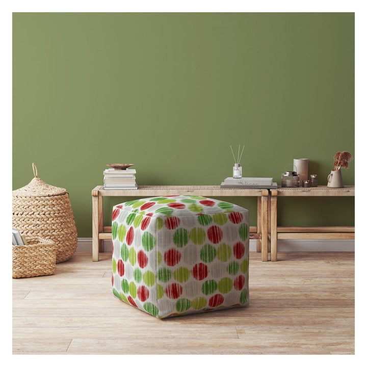 17" Green and White Cotton Polka Dots Pouf Ottoman Image 2