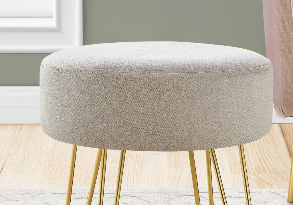 14" Beige Velvet And Gold Round Ottoman Image 3