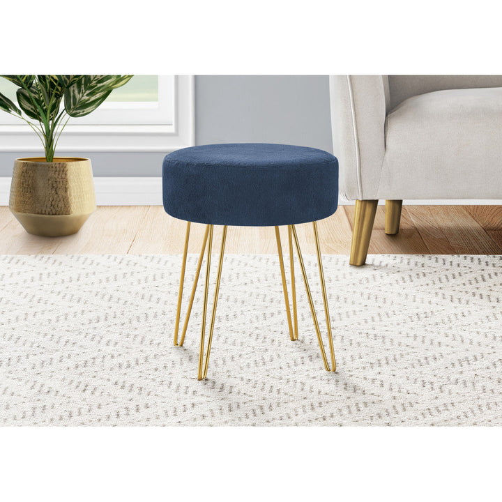 14" Blue Velvet And Gold Round Ottoman Image 1