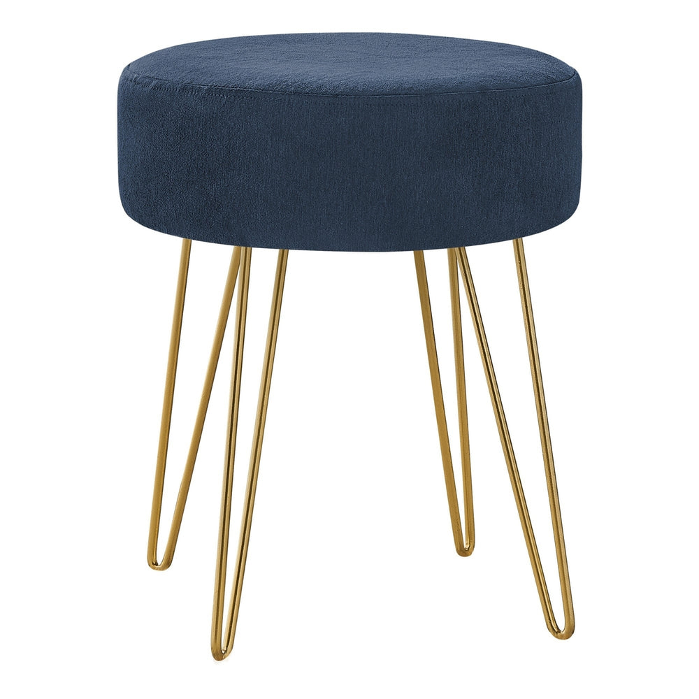 14" Blue Velvet And Gold Round Ottoman Image 2