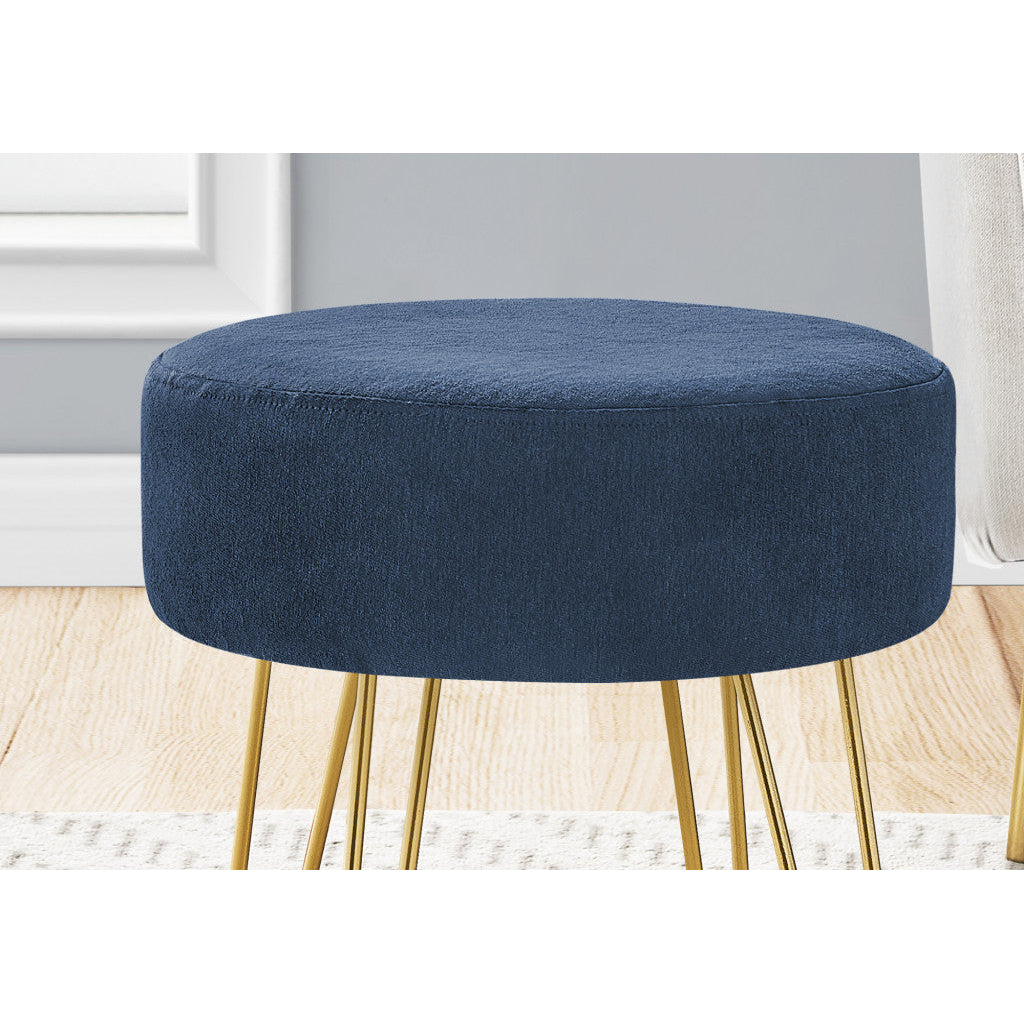 14" Blue Velvet And Gold Round Ottoman Image 3