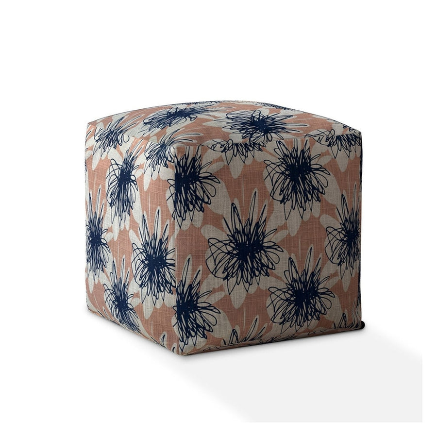 17" Pink and Blue Canvas Floral Pouf Ottoman Image 1