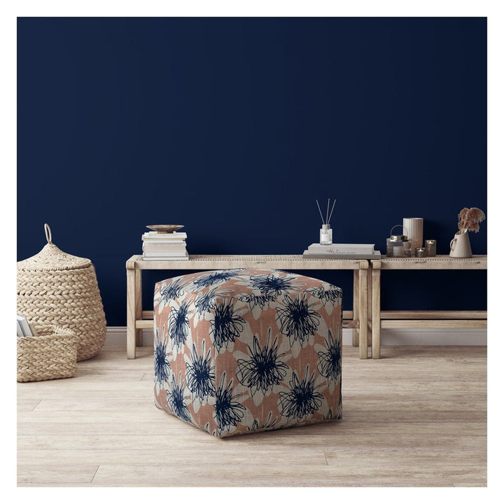 17" Pink and Blue Canvas Floral Pouf Ottoman Image 2