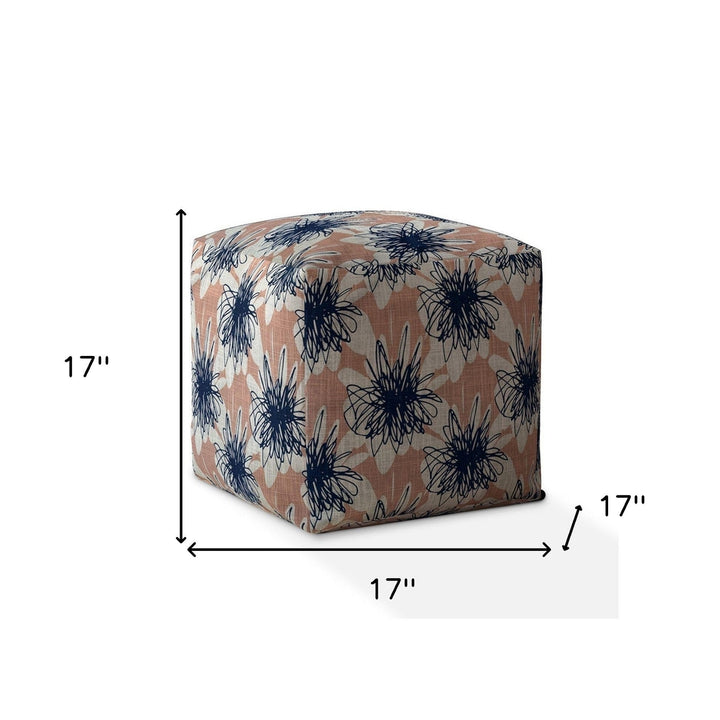 17" Pink and Blue Canvas Floral Pouf Ottoman Image 3